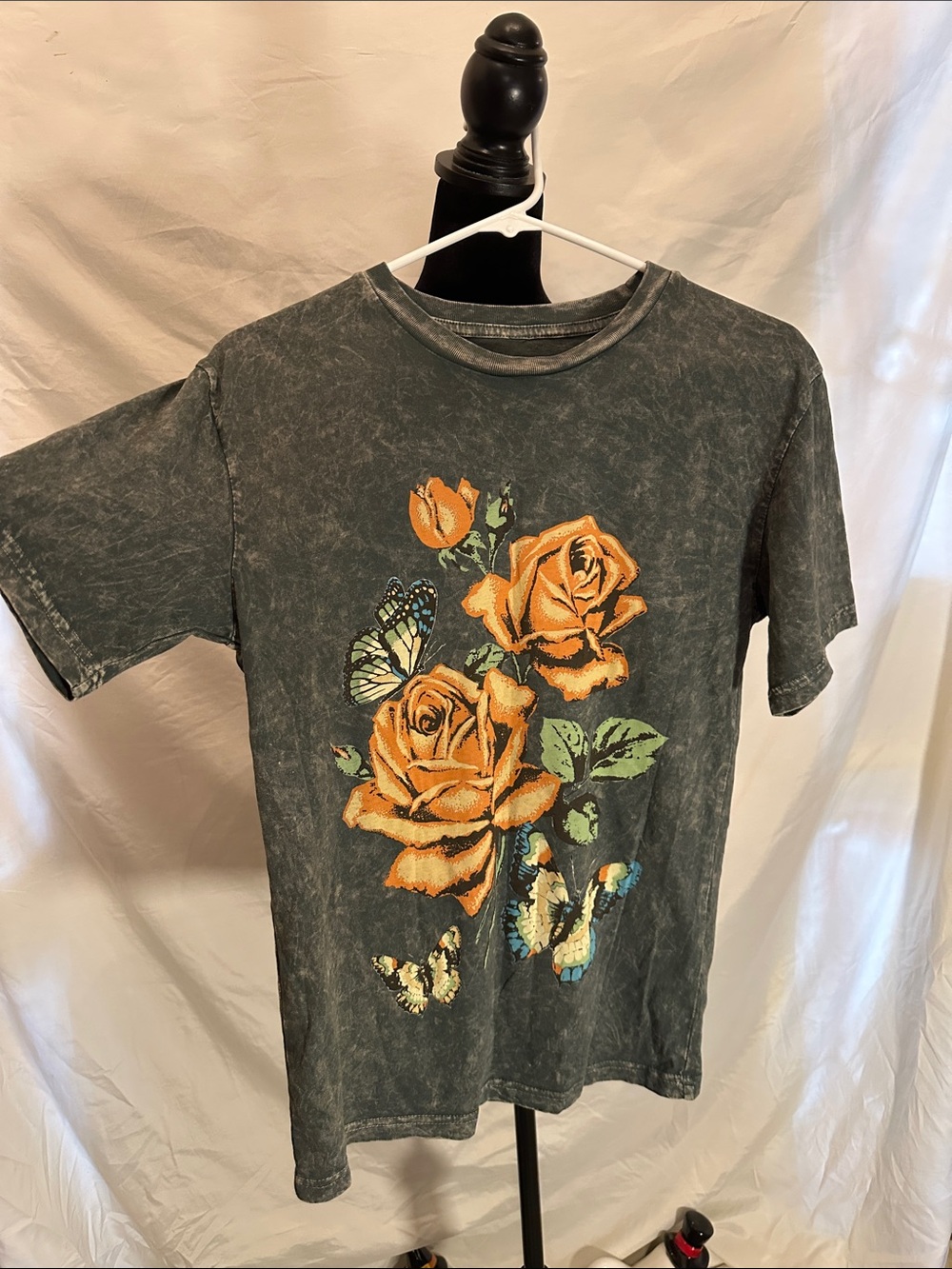 Women's Black Mineral-Wash Tee with Rose & Butterfly Graphic